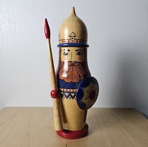 Russian Folk Art Pyrography Wood Viking with Spear and Shield